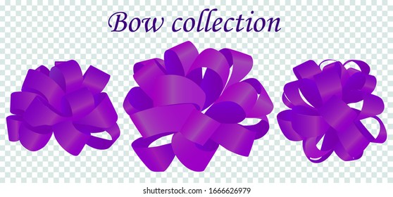 A collection of beautiful bows in purple and violet colors on a transparent background. Super Set Vector Ribbons