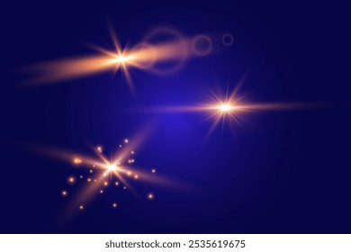Eine Kollektion wunderschöner heller Highlights in verschiedenen Farben. Blitzlichteffekte. Flammeneffekt. Vektorgrafik.Auf blauem Hintergrund.