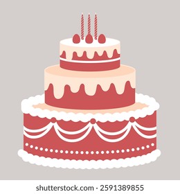 Collection of beautiful cakes and decorations for party. Set of holiday dessert. Strawberry, Chocolate, Cream. Colored vector illustration in flat cartoon style.