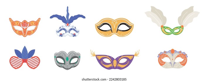 Collection of beautiful carnival masks on white background