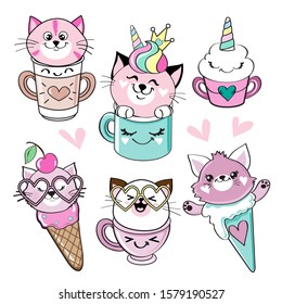 Collection of beautiful cats in cups and cakes in kawaii style on a white background