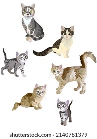 Collection of beautiful cats in different poses isolated on white background in vector. Seamless print for fabric, wallpaper, design elements. Symbols of the Chinese new year 2023.