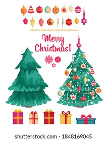 Collection of beautiful Christmas tree decorations isolated on white background vector illustration set. Balls, star, decor with icicles. Colored vector illustration in cartoon style.