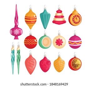 Collection of beautiful Christmas tree decorations isolated on white background vector illustration set. Balls, star, decor with icicles. Colored vector illustration in cartoon style.