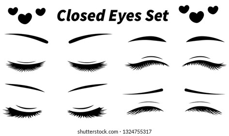 Collection of beautiful closed eyes. Long eyelashes and model eyebrows. Can be used in fashion and face construction, or logo design. Illustration isolated on white background. - Vector.