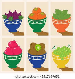A collection of beautiful and colorful fruit bowls. Perfect posters and postcards. Vector-based