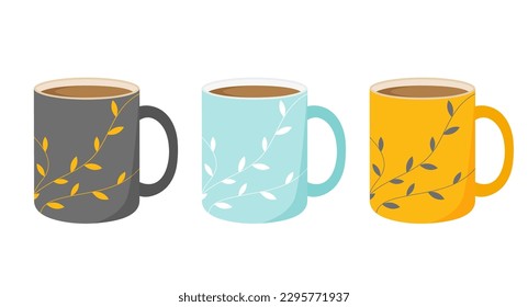  Collection of beautiful cups with coffee. Mugs with different colors. Vector illustration in flat design. Isolated on a white background.
