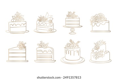 Collection of beautiful decorated wedding cakes, delicious sweets, inline