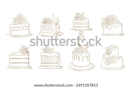 Collection of beautiful decorated wedding cakes, delicious sweets, inline