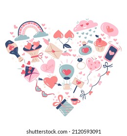 Collection of beautiful elements in the form of a heart. Valentine's Day. Isolated white background. hand drawn vector illustration.
