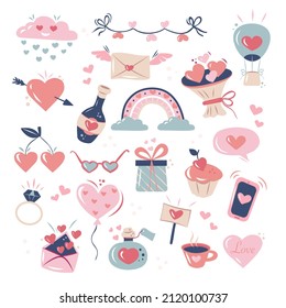 Colección de hermosos elementos para el Día de San Valentín. Corazones y símbolos. Fondo blanco aislado. Ilustración vectorial dibujada a mano.