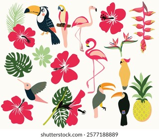 Collection of beautiful exotic tropical birds and floral elements birds, flamingo, toucan, pineapple, hibiscus flowers. Hawaii  graphic elements Clip Arts Icon Set