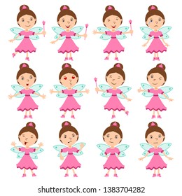 Collection of beautiful fairy in different poses and emotions isolated on white background