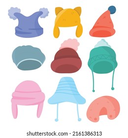 Collection of beautiful fashion knitted hat for winter season in various design, drawing in cartoon style isolated on white background, vector illustration