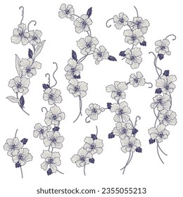 A collection of beautiful flowers drawn in a Japanese style,