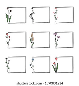 Collection of beautiful flowers and leaves memo note design, Hand drawn cartoon doodle style.