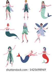 Collection of Beautiful Forest Fairies, Nymphs, Mermaids, Sirens Vector Illustration