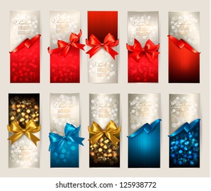 Collection of beautiful gift cards with color gift bows with ribbons Vector illustration.