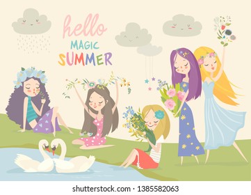 Collection of beautiful girls with summer flowers