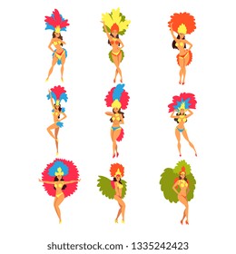 Collection of Beautiful Girls Wearing Bright Festival Costumes Dancing, Brazilian Carnival Samba Dancers, Rio de Janeiro Festival Vector Illustration