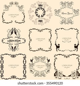 Collection of beautiful hand drawn vintage frames. Vector template for business card, greeting card and banner.