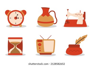 Collection of beautiful home decoration with Antique Furniture, Alarm clock, jug, hourglass, ink pen, sewing machine, and television drawing cartoon style, flat vector illustration