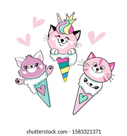 Collection of beautiful kawaii ice cream cone cats on white background
