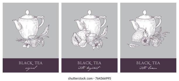 Collection of beautiful labels with teapot, cup, black tea leaves, flowers, bergamot and lemon. Hand drawn set of tasty naturally flavored drinks. Detailed vector illustration in vintage style.