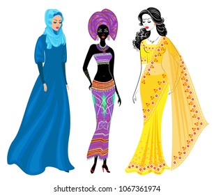 A collection of beautiful ladies. A Muslim, an African-American girl and an Indian woman. National clothes. Set of vector illustrations.