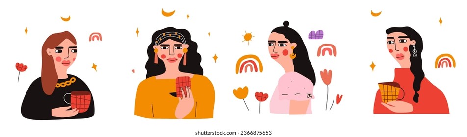 Collection of beautiful ladies. Vector hand drawn illustrations on white background. Flat design. Best for stickers or social media.