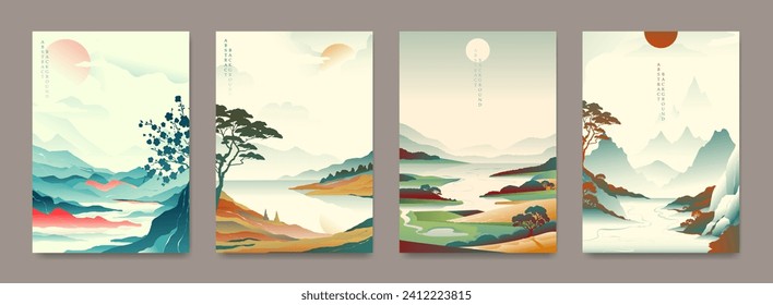 A collection of beautiful landscapes in oriental style. For decoration, postcards, covers, etc.