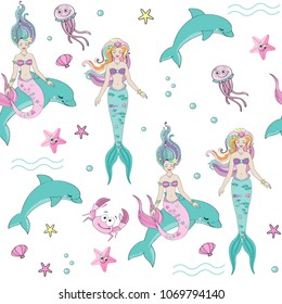 A collection of beautiful little mermaids and marine dwellers seamless pattern