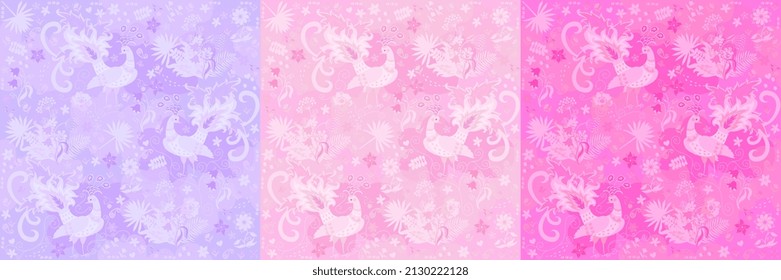Collection of beautiful matching fabrics, wallpaper with natural patterns in vector. Seamless prints in purple, pink, crimson colors with fabulous peacocks, palm leaves and flowers. Vintage motifs.