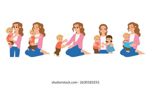 coleção de bela mãe segurando seu menino, mãe abraço criança, segurando menino, lendo livro antes de dormir personagem ilustração