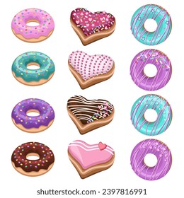 Collection of beautiful multi-colored donuts, in the shape of a heart, with colored sprinkles, isolated on a white background. Vector set for festive designs for birthdays, Valentine's Day, bakeries, 