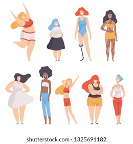 Collection of Beautiful Multiracial Women of Different Figure type and Height, Body Positive, Self Acceptance and Beauty Diversity Concept Vector Illustration