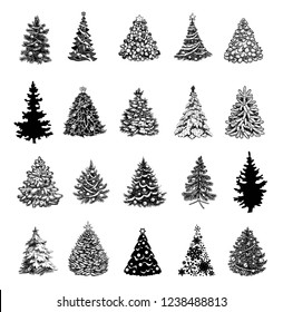 Collection of beautiful ornamental Christmas Trees to create holiday cards, backgrounds and decoration.