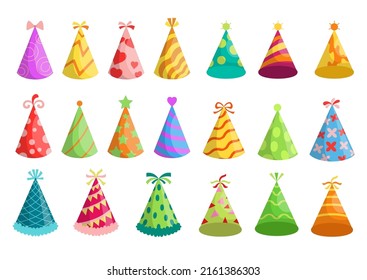 Collection of beautiful party hat in various color and design, drawing for party celebration birthday in cartoon style isolated on white background, vector illustration