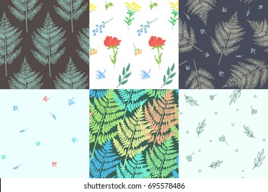 Collection of beautiful patterns with plants and flowers.  Amenities of nature. Vector illustration