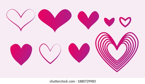 Collection of beautiful pink hearts. Icons for Valentine's Day decor, web page, greeting card, flyers, social media post