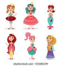 collection of beautiful princesses in elegant dresses
