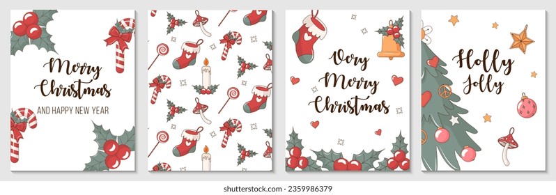 Collection of Beautiful Retro Merry Christmas and Happy New year hand drawn cards. Vector illustations with Christmas tree, candies, holly, candle, hearts, snowflakes and stars.