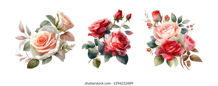 Collection of beautiful rose flowers isolated on white background. Spring and summer red, pink roses floral branch and leaves. Vector illustration