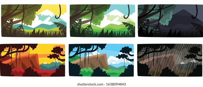 Collection of Beautiful Scene of Nature in Different Time of Day and Weather, Tropical Rainforest Horizontal Backdrops Vector Illustration