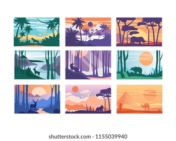 Collection of beautiful scene of nature, peaceful landscape with animals in different time of day, templates for banner, poster, magazine, cover horizontal vector Illustration