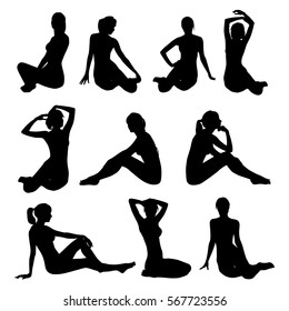 Collection Of Beautiful Sexy Bikini Girls Sitting In Different Poses. Black Profile Of Slim Woman Body Isolated On White Background. Pinup Beautiful Sexy Girl Vector Silhouette.
