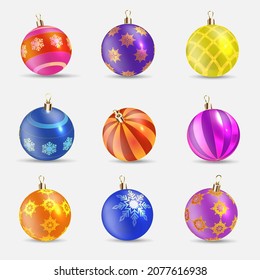Collection with beautiful shining realistic Christmas ball with patterns, snowflakes effect. Xmas glass ball. Holiday decoration template. Set with new year toys. Vector illustration