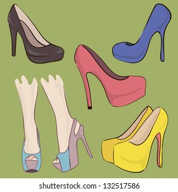 A collection of beautiful shoes with heels. Vector Illustration