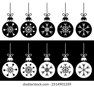 Collection of Beautiful snow flaks for Christmas. Xmas hanging ornaments. Vector illustration isolated on black and white background.