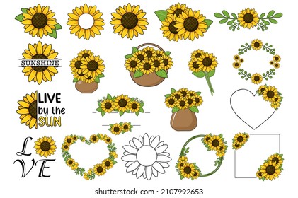 Colección de hermosos girasoles, marcos de girasoles. Montaje de flores y hojas